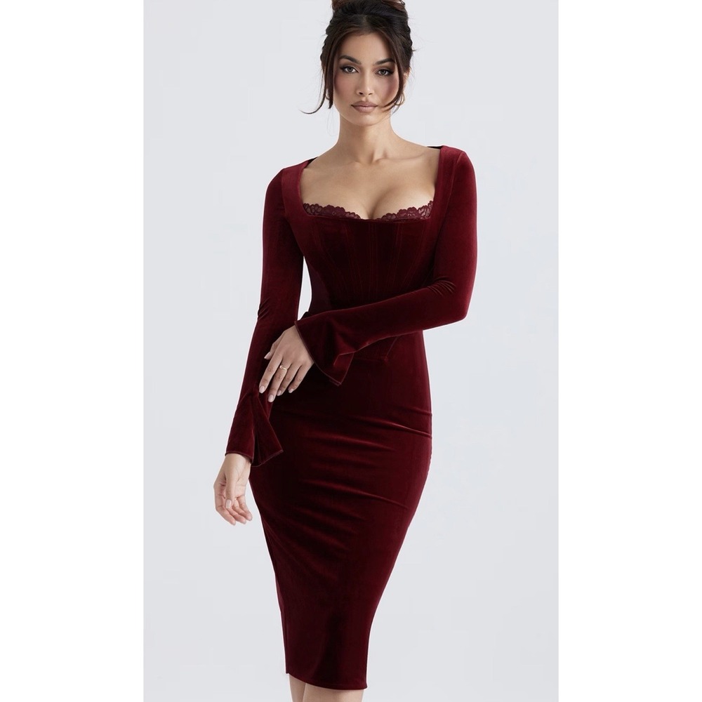 NWOT House of CB Solaine Velvet Corset Midi Dress Red Burgundy Long Sleeve XS